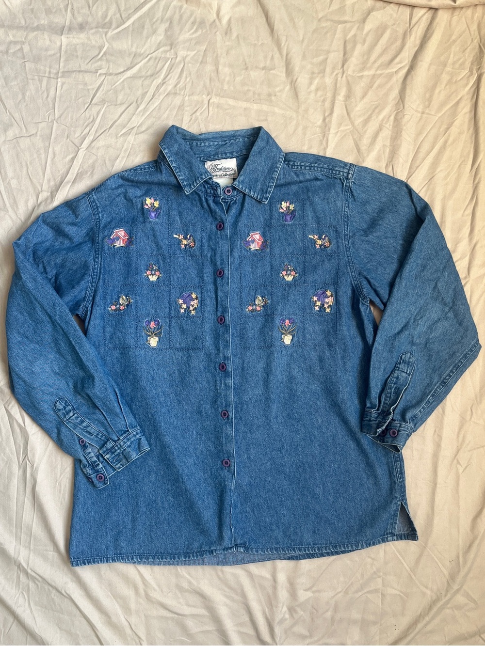 90’s Vintage Embroidered Denim Button-Up Shirt | Cottagecore Patchwork Floral